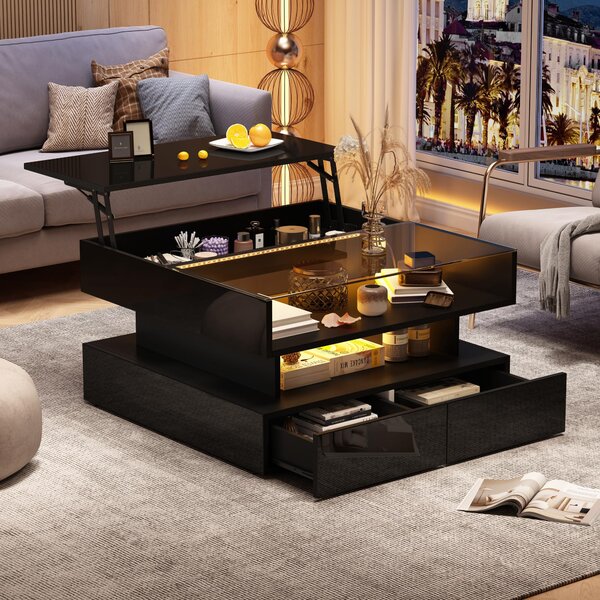 Tavolino da salotto, dimensioni 80 x 80 x 45 cm, realizzato in pannello di particelle al 100%, con piano in vetro temperato, colore nero, altezza regolabile, dotato di vano contenitore nascosto, 2 cassetti e illuminazione LED