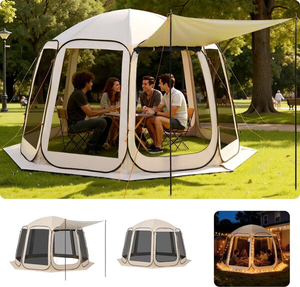 Gazebo pieghevole - Tenda da festa pop-up - Dimensioni 365,76 x 335,28 x 230 cm - Tenda da sole estensibile - Per 10-12 persone - Pareti laterali in rete - Con borsa per il trasporto - Per terrazza e esterni - Beige