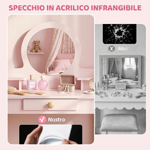 AIYAPLAY Set Toeletta Trucco Bambina con Sgabello, Specchio, Cassetto, in Legno di Pino e MDF, Età 3-6 Anni, Rosa | Aosom Italy
