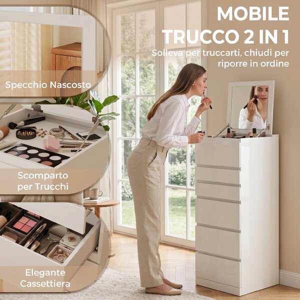 HOMCOM Cassettiera Alta per Camera da Letto con Specchio Ribaltabile, Bianco | Aosom Italy
