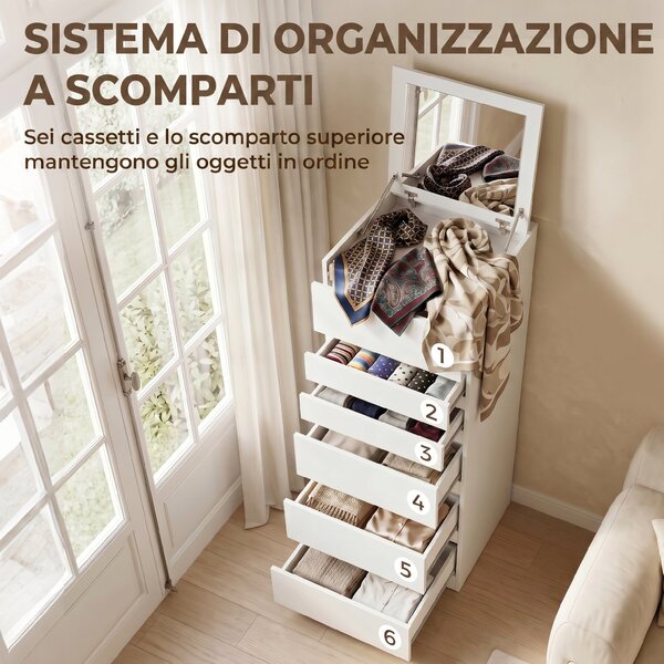 HOMCOM Cassettiera Alta per Camera da Letto con Specchio Ribaltabile, Bianco | Aosom Italy
