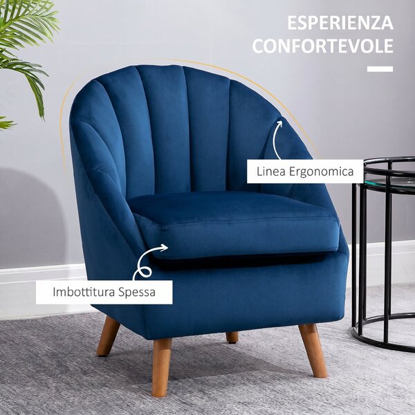 HOMCOM Poltrona Salotto Imbottito in Velluto con Imbottitura Spessa, Gambe in Legno di Caucciù, Braccioli, Blu | Aosom Italy