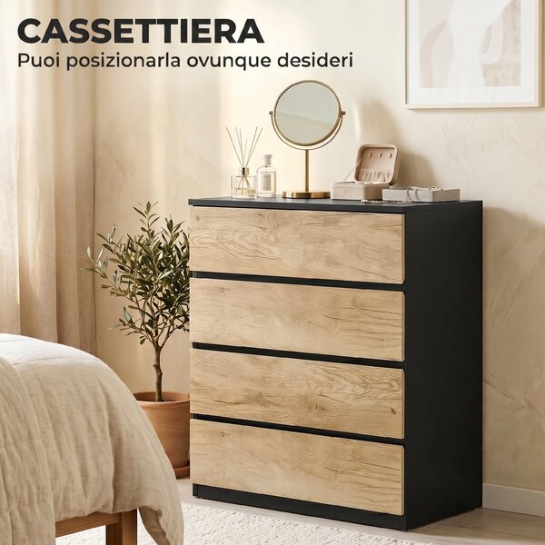 HOMCOM Cassettiera 4 Cassetti in Legno con Guide in Metallo e Maniglie Scanalate, 60x40x80 cm, Nero e Rovere | Aosom Italy