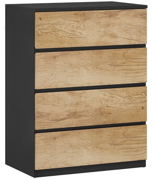 HOMCOM Cassettiera 4 Cassetti in Legno con Guide in Metallo e Maniglie Scanalate, 60x40x80 cm, Nero e Rovere | Aosom Italy
