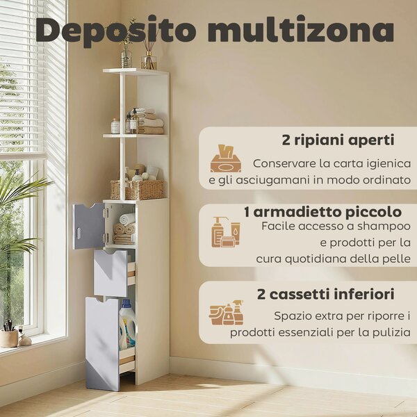 HOMCOM Mobiletto Bagno a Colonna Salvaspazio con 2 Cassetto, Armadietto e Ripiano Apert, in pannelli MDF, Bianco, 15x33x136.5cm|Aosom Italy