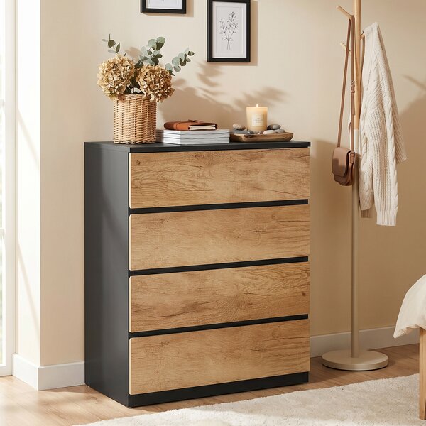 HOMCOM Cassettiera 4 Cassetti in Legno con Guide in Metallo e Maniglie Scanalate, 60x40x80 cm, Nero e Rovere | Aosom Italy