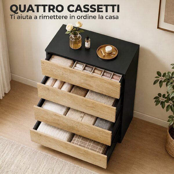 HOMCOM Cassettiera 4 Cassetti in Legno con Guide in Metallo e Maniglie Scanalate, 60x40x80 cm, Nero e Rovere | Aosom Italy
