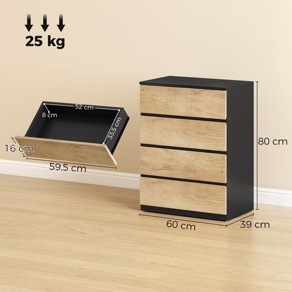 HOMCOM Cassettiera 4 Cassetti in Legno con Guide in Metallo e Maniglie Scanalate, 60x40x80 cm, Nero e Rovere | Aosom Italy