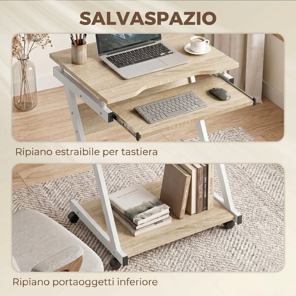 HOMCOM Scrivania per Computer con 4 Ruote, Tastiera Scorrevole, Colore Rovere | Aosom Italy