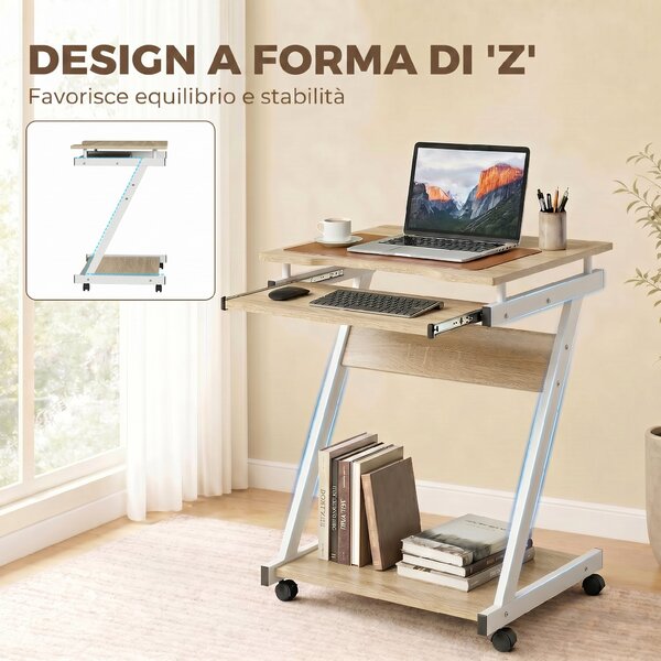 HOMCOM Scrivania per Computer con 4 Ruote, Tastiera Scorrevole, Colore Rovere | Aosom Italy
