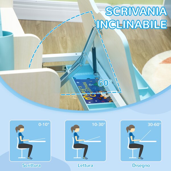 HOMCOM Set Scrivania e Sedia per Bambini da 3 Anni Regolabile, Tavolo Inclinabile a 60° con Cassetto e Ripiani, Blu | Aosom Italy