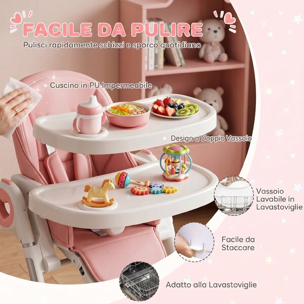AIYAPLAY Seggiolone Pappa Pieghevole per Bambini 6-36 Mesi con Altezza Regolabile, Doppio Vassoio Lavabile, Ruote, Rosa | Aosom Italy