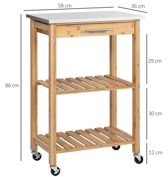 HOMCOM Carrello da Cucina in Bambù, Isola da Cucina con Piano in Acciaio Inox, Cassetto e Mensole a Doghe, Naturale | Aosom Italy