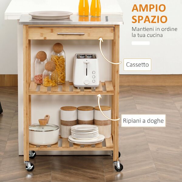 HOMCOM Carrello da Cucina in Bambù, Isola da Cucina con Piano in Acciaio Inox, Cassetto e Mensole a Doghe, Naturale | Aosom Italy