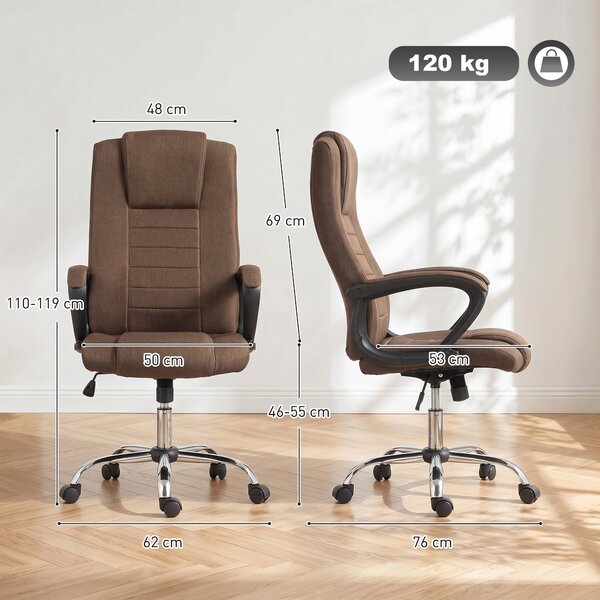 Vinsetto Sedia da Ufficio Ergonomica Inclinabile Girevole in Tessuto Effetto Lino con Poggiatesta, Marrone | Aosom Italy