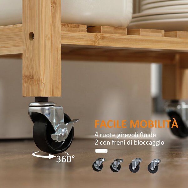 HOMCOM Carrello da Cucina in Bambù, Isola da Cucina con Piano in Acciaio Inox, Cassetto e Mensole a Doghe, Naturale | Aosom Italy