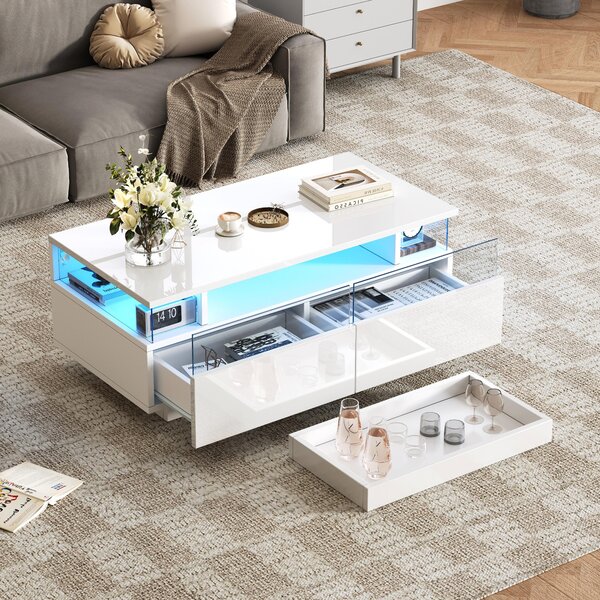 Tavolino da caffè, dimensioni 90 x 45 x 35,5 cm, realizzato in pannello di particelle di legno (MDF), acrilico, vetro temperato, colore bianco, dotato di 2 cassetti, illuminazione LED e vassoio