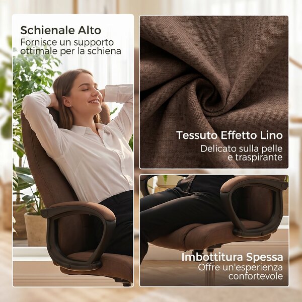Vinsetto Sedia da Ufficio Ergonomica Inclinabile Girevole in Tessuto Effetto Lino con Poggiatesta, Marrone | Aosom Italy