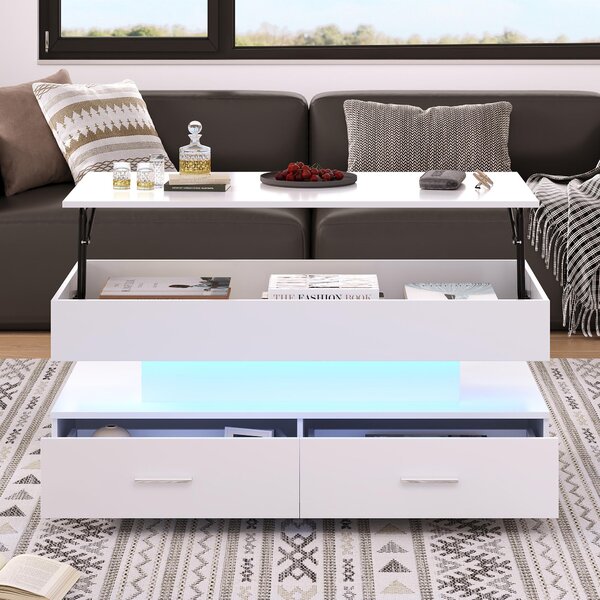 Tavolino da divano, dimensioni 100 x 50 x 44 cm, realizzato in pannello di particelle di legno al 100%, colore bianco, con altezza regolabile, illuminazione a LED, 2 cassetti e spazio aperto per riporre oggetti