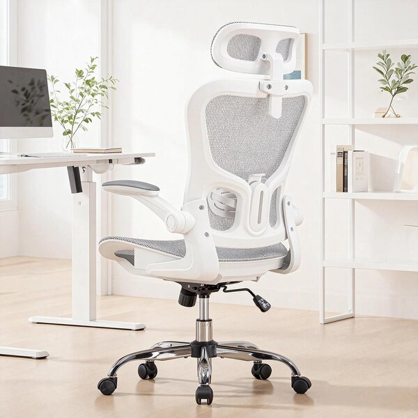 Sedia da ufficio CH90-WT - Sedia da scrivania ergonomica in rete - Poggiatesta regolabile - Regolabile in altezza - Girevole a 360° - Con braccioli - Rotelle - Bianca
