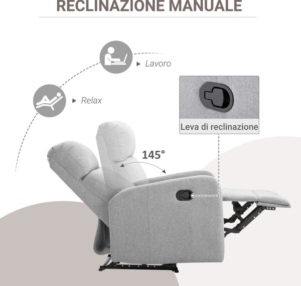HOMCOM Poltrona Reclinabile 168° Ergonomica con Poggiapiedi e Morbida Imbottitura, Poltrona Relax Manuale in Tessuto Effetto Lino, Grigio| Aosom Italy
