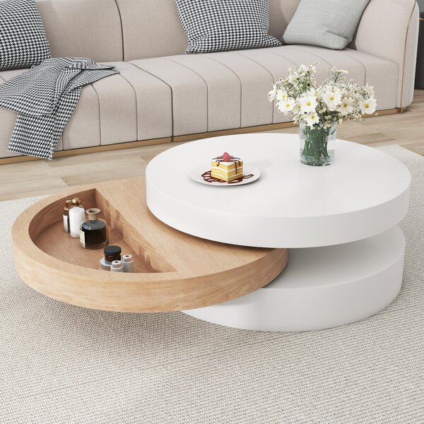 Tavolino da caffè, dimensioni 60 x 60 x 35,1 cm, realizzato in MDF al 100%, con impiallacciatura in legno di salice, colore bianco e finitura che esalta il colore naturale del legno. Ruota a 360° e dispone di un vano contenitore nascosto
