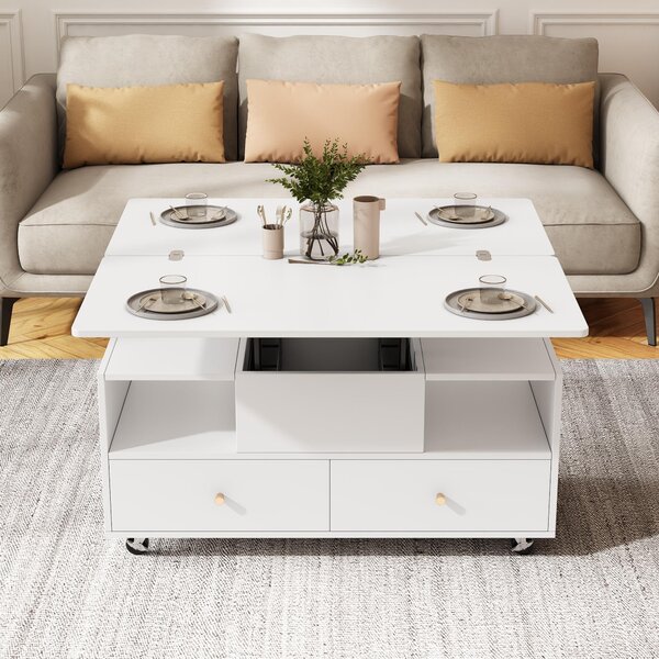 Tavolino da divano, dimensioni 100 x 50 x 47,5 cm, realizzato in MDF al 100%, colore bianco, con altezza regolabile e meccanismo a ribalta, dotato di 4 cassetti e ruote