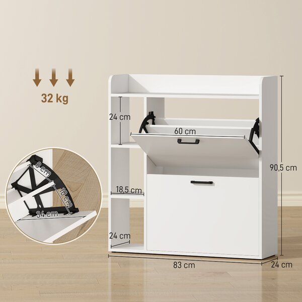 HOMCOM Scarpiera Slim con 2 Cassetti Ribaltabili e 3 Vani Aperti, Capacità 15 Scarpe, 83x24x90.5 cm, Bianco | Aosom Italy