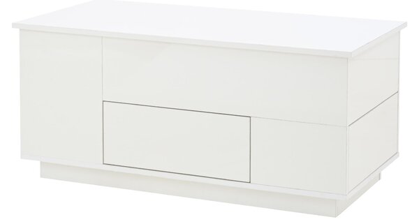 Tavolino da divano 100 x 50 x 45 cm, tavolino da divano regolabile in altezza realizzato in pannello di particelle bianco, con illuminazione a LED, 2 cassetti e 2 poggiapiedi