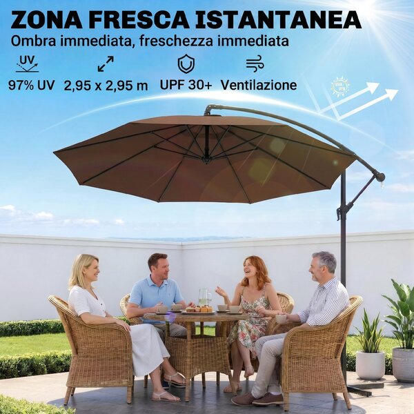 Outsunny Ombrellone da Giardino a Braccio Deluxe Inclinabile con Manovella, in Acciaio e Poliestere Φ2.95m, Marrone|Aosom