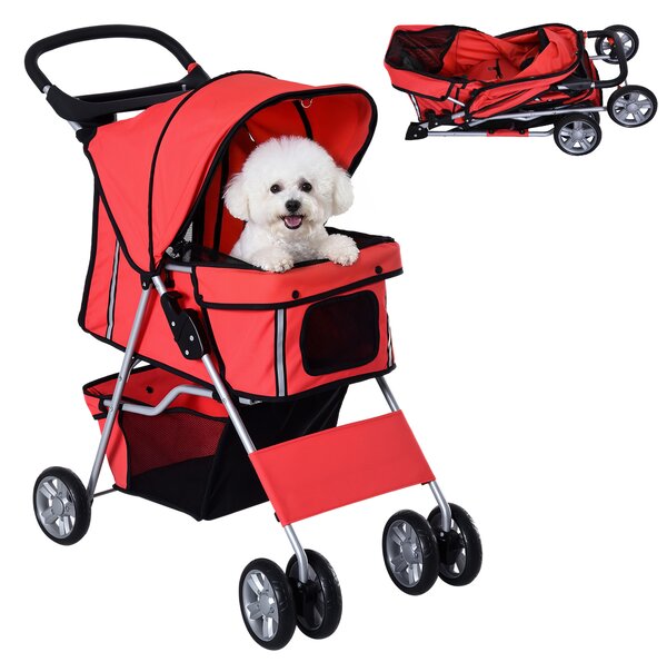PawHut Passeggino per Cani Pieghevole in Tessuto, Carrozzina per Cani 10kg con Ruote, Cestino e Portabicchieri, 75x45x97cm, Rosso | Aosom Italy