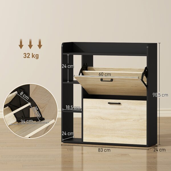 HOMCOM Scarpiera Slim con 2 Cassetti Ribaltabili e 3 Vani Aperti, Capacità 15 Scarpe, 83x24x90.5 cm, Nero | Aosom Italy