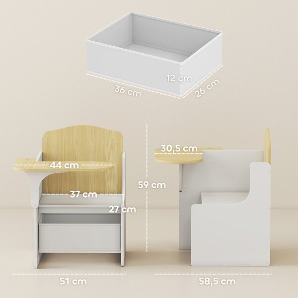 AIYAPLAY Set Tavolo e Sedia per Bambini 3-5 Anni in Legno MDF con Motivi a Cuore, Contenitore Integrato, Bianco | Aosom Italy
