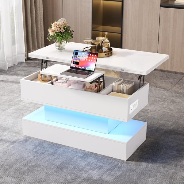 Tavolino da caffè, dimensioni 100 x 50 x 51,5 cm, realizzato in pannello di particelle di legno al 100%, colore bianco, con altezza regolabile, dotato di presa di corrente, porte USB, USB-C, illuminazione LED e vano contenitore nascosto