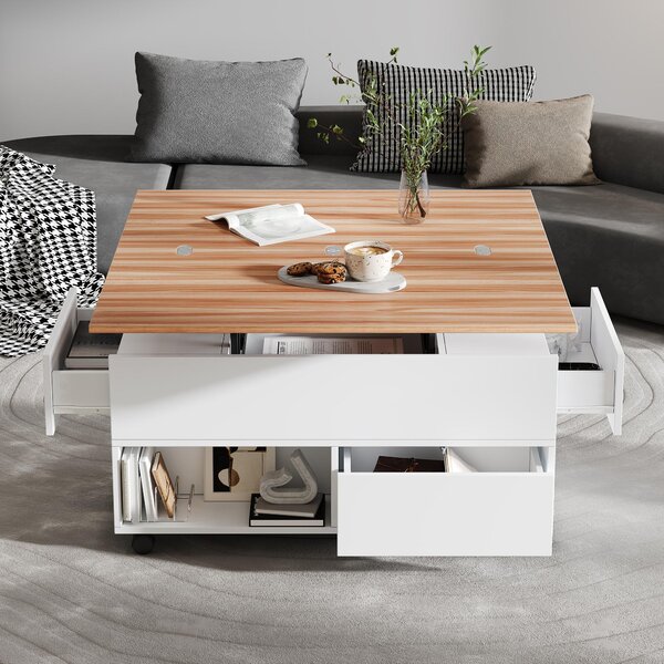 Tavolino da divano, dimensioni 100 x 50 x 52 cm, realizzato al 100% in pannello di truciolato, colore bianco e legno, con altezza regolabile, spazio contenitivo e 4 cassetti