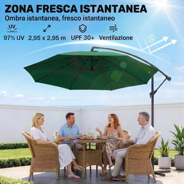 Outsunny Ombrellone da Giardino 3x2.5 m, Inclinabile con Base a Croce e Manovella, in Acciaio e Poliestere