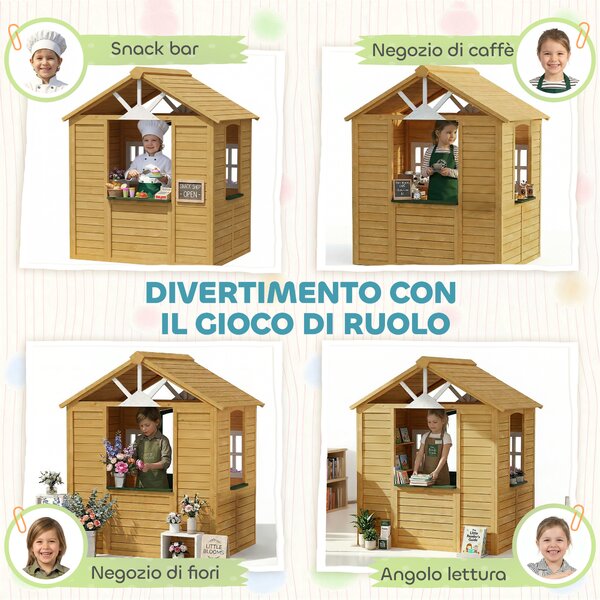 AIYAPLAY Casetta da Giardino per Bambini in Legno di Abete con Finestre, 2 Fioriere, Porta e Tetto, 3-8 Anni, Marrone | Aosom Italy