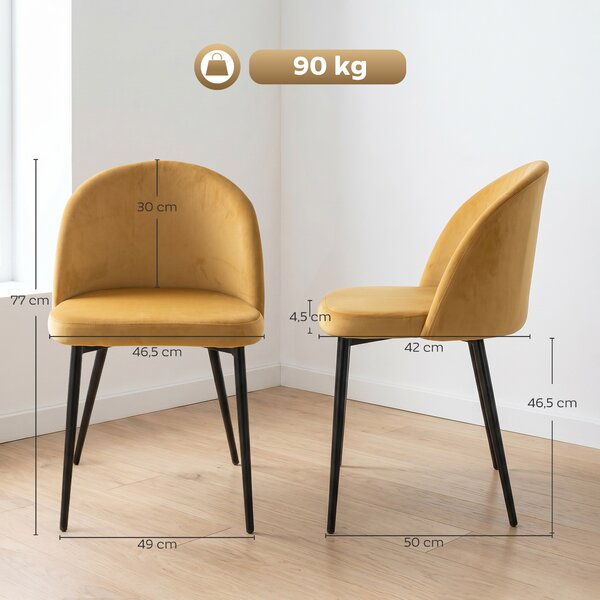 HOMCOM Set di 2 Sedie per Sala da Pranzo e Cucina Imbottite in Velluto, 49x50x77cm, Giallo|Aosom