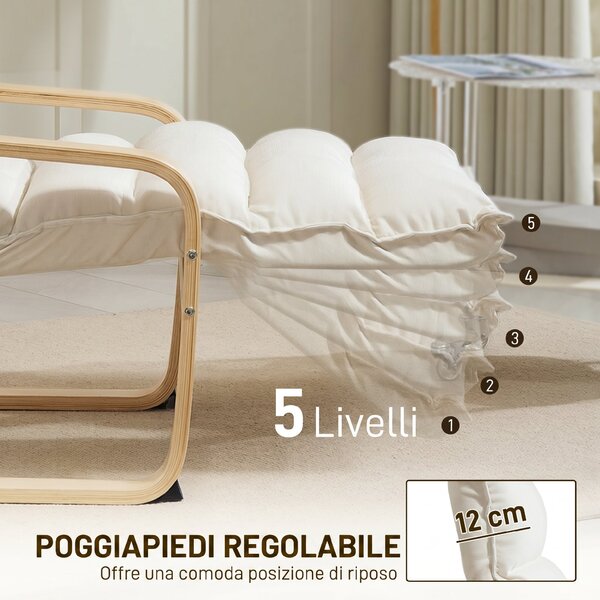 HOMCOM Poltroncina Relax in Legno con Rivestimento in Velluto e Poggiapiedi Regolabile, Crema | Aosom Italy