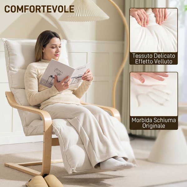 HOMCOM Poltroncina Relax in Legno con Rivestimento in Velluto e Poggiapiedi Regolabile, Crema | Aosom Italy