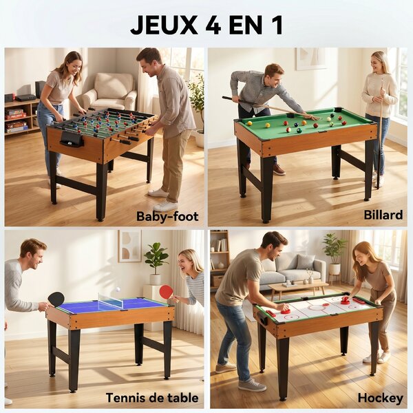 HOMCOM Tavolo da Gioco Multifunzione 4 in 1 con Calcio Balilla Biliardo Ping Pong e Hockey da Tavolo per Famiglie e Amici 107x61x84cm |Aosom