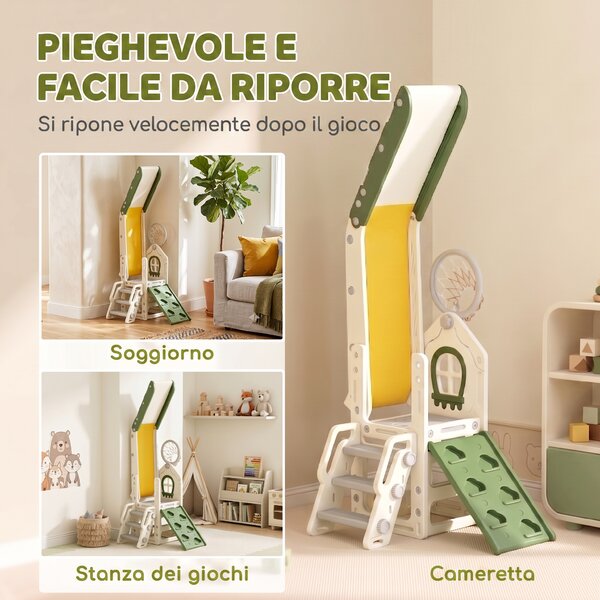 AIYAPLAY Scivolo per Bambini 1-3 Anni con Arrampicata, Canestro, Spazio Portaoggetti e Gradini antiscivolo, Crema | Aosom Italy