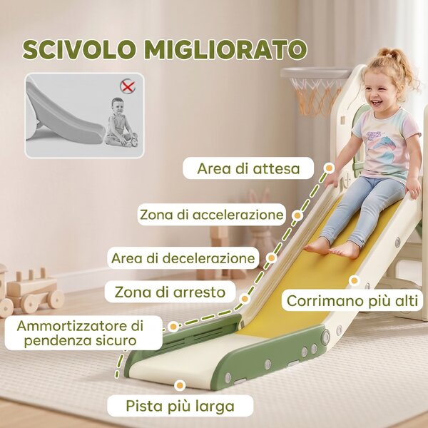 AIYAPLAY Scivolo per Bambini 1-3 Anni con Arrampicata, Canestro, Spazio Portaoggetti e Gradini antiscivolo, Crema | Aosom Italy