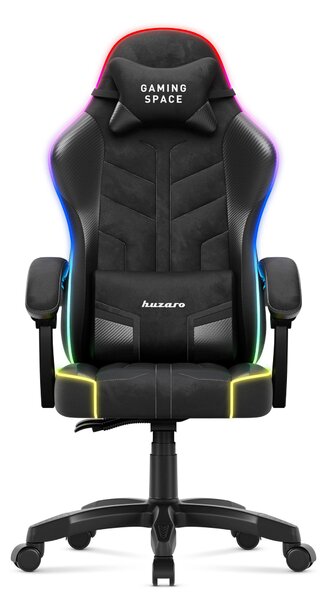 Sedia da gioco Huzaro Force 2.7 Carbon Black RGB - sedia girevole ergonomica in velluto con schienale regolabile, cuscino lombare, poggiatesta e illuminazione RGB