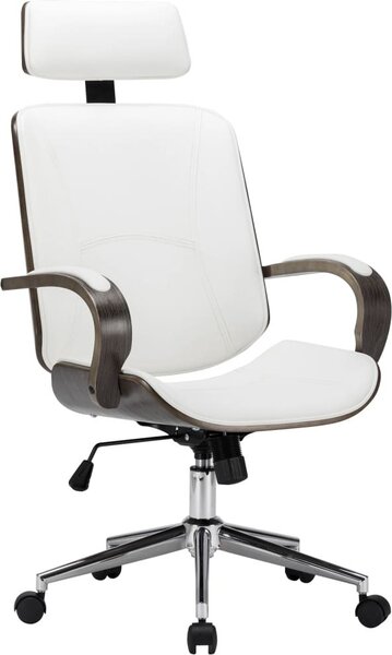 La Living Store presenta una sedia da ufficio girevole con poggiatesta, di colore bianco, realizzata in ecopelle e legno multistrato