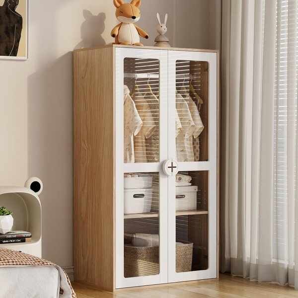 Okwish Armadio per bambini a due posti con due ante in vetro e barra appendiabiti, armadio per cameretta con maniglie in legno a forma di biscotto e ripiani scorrevoli, Bianco + Legno naturale