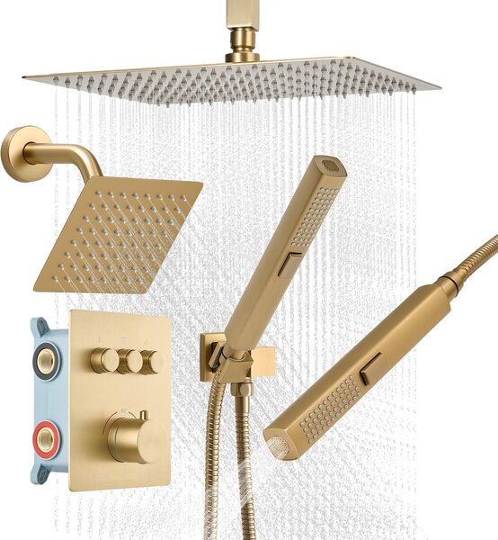 Set doccia a pioggia - Sistema doccia a parete - Soffione da 30 cm - Soffione a parete da 15 cm - Doccetta 2 in 1 - Orientabile - 3 tipi di getto - Valvola e rivestimento in ottone - Oro spazzolato