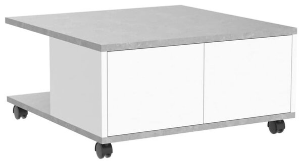 FMD Tavolino da Caffè con Ruote 70x70x35,5 cm Cemento e Bianco Lucido