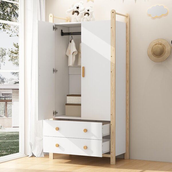 Okwish Armadio a due ante, armadio in truciolato, armadio con asta appendiabiti, armadio da ingresso con 2 cassetti, Bianco