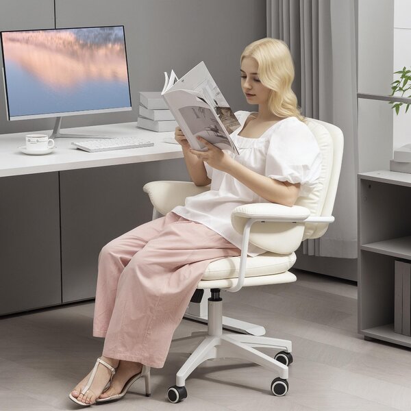 Okwish sedia da scrivania sedia da ufficio sedia girevole da lavoro con funzione di inclinazione e poggiapiedi, sedia girevole regolabile in altezza con ruote in Pelle finta e cuscini a doppio strato, bianca